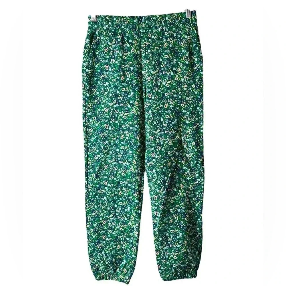 ZARA | Green Floral Print Jogger Pants with Elastic Waistband and Cuffs Size M